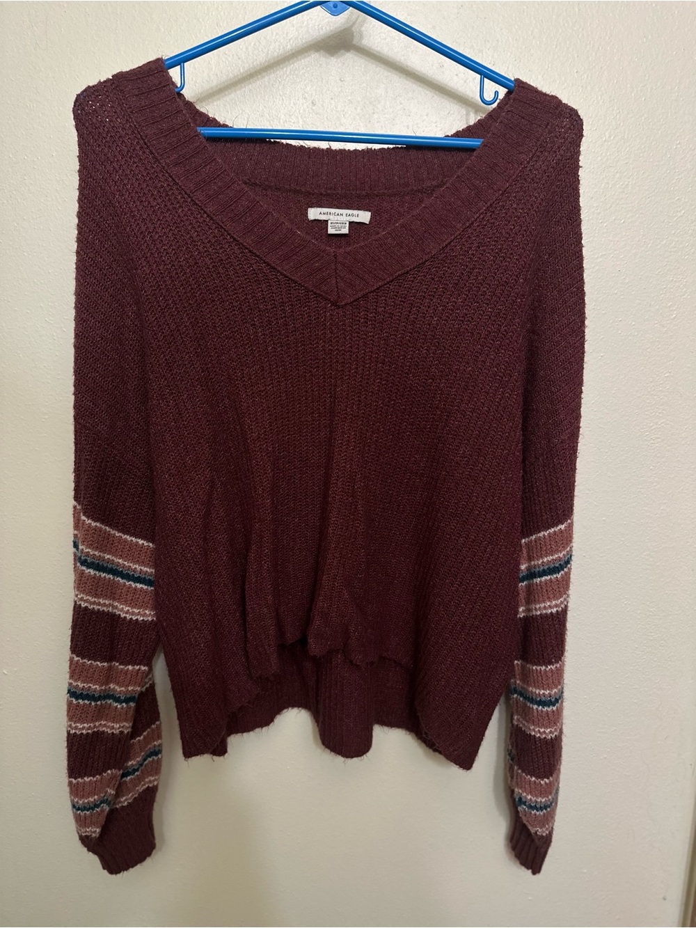 American Eagle Outfitters Women's Burgundy V-Neck Sweater with Striped Sleeves